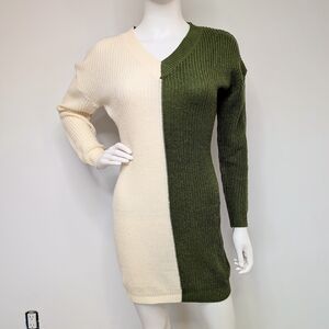 Avocado Green & Cream Split Color Block V Neck Rib Knit Mini Sweater Dress